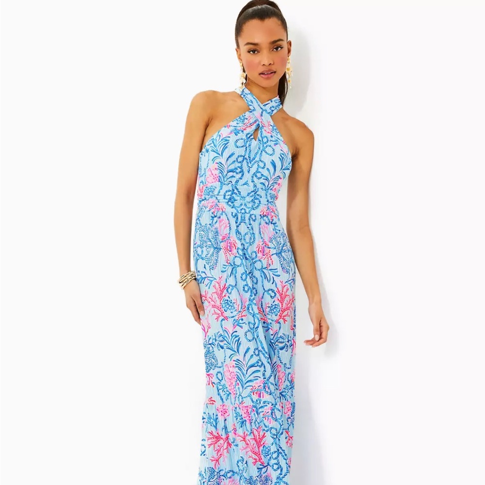 Lilly Pulitzer Blue and Pink Maxi Dress with Halter Neck